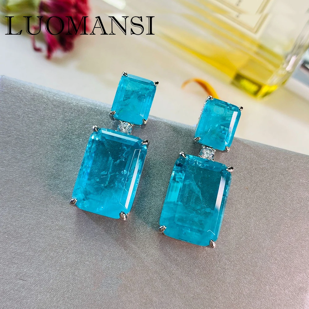

Роскошные серьги-гвоздики Luomansi с сапфиром Paraiba, ювелирные изделия с супер вспышкой, женские серьги-подвески из стерлингового серебра 925 проб...