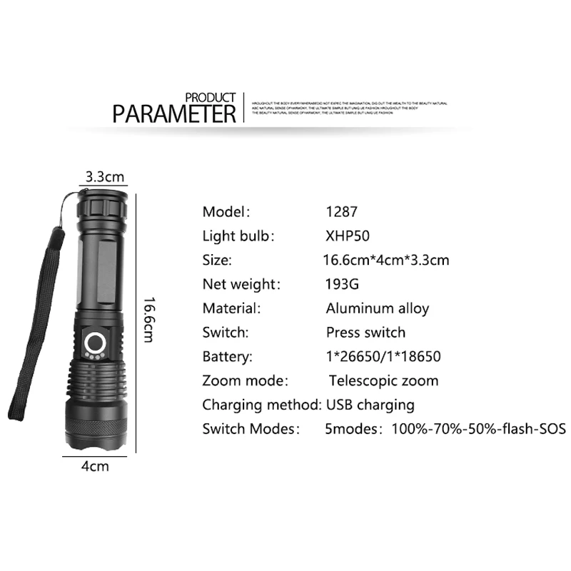 

XHP50 Powerful LED Flashlight USB Zoom Torch XHP50 Aluminum Alloy Flashlight L23