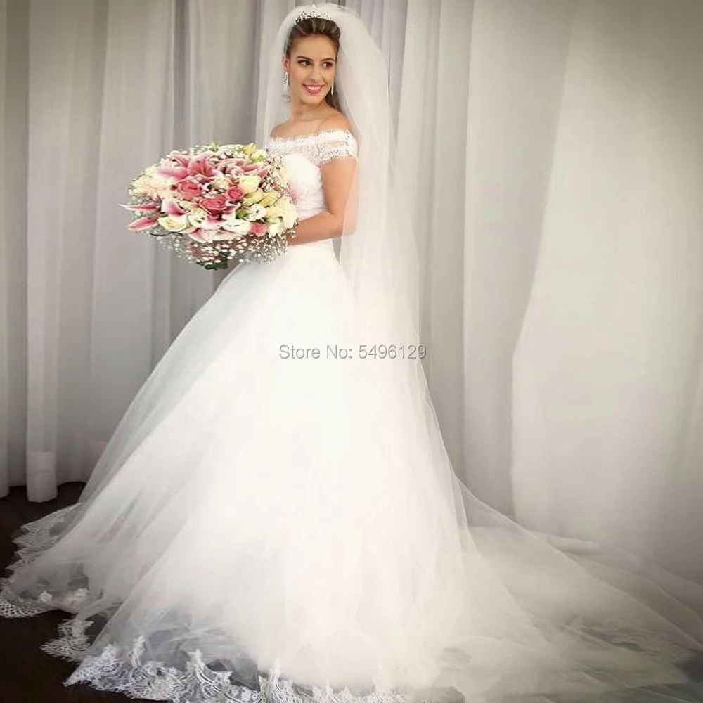 

Fantastic Jewel Neckline A Line Princess Wedding Dress With Bow Lace Appliques Off Shoulder Vestido De Noiva Long Bridal Dress