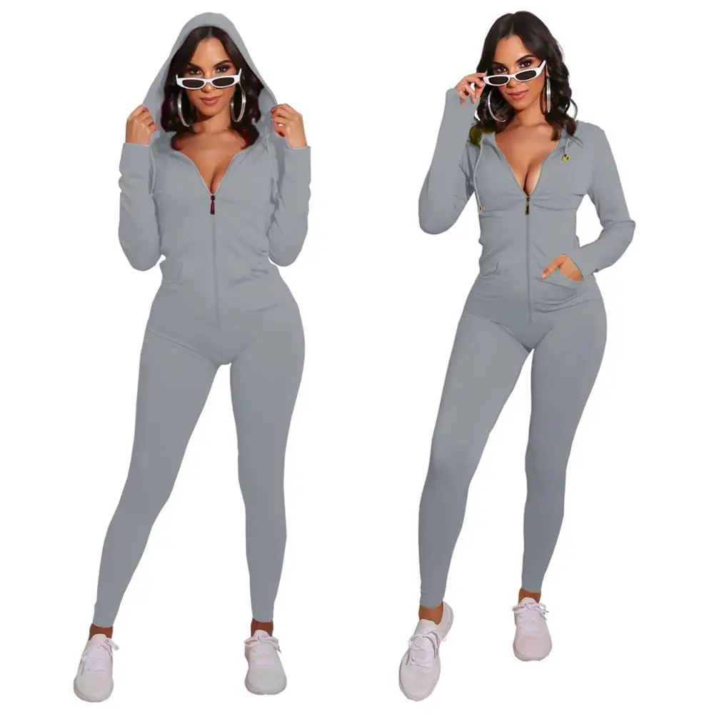 

Newest Solid Skinny Women Jumpsuits Zipper And Hooded Collar Long Sleeve Casual Sports Nightclub Party Rompers 2021 Spring