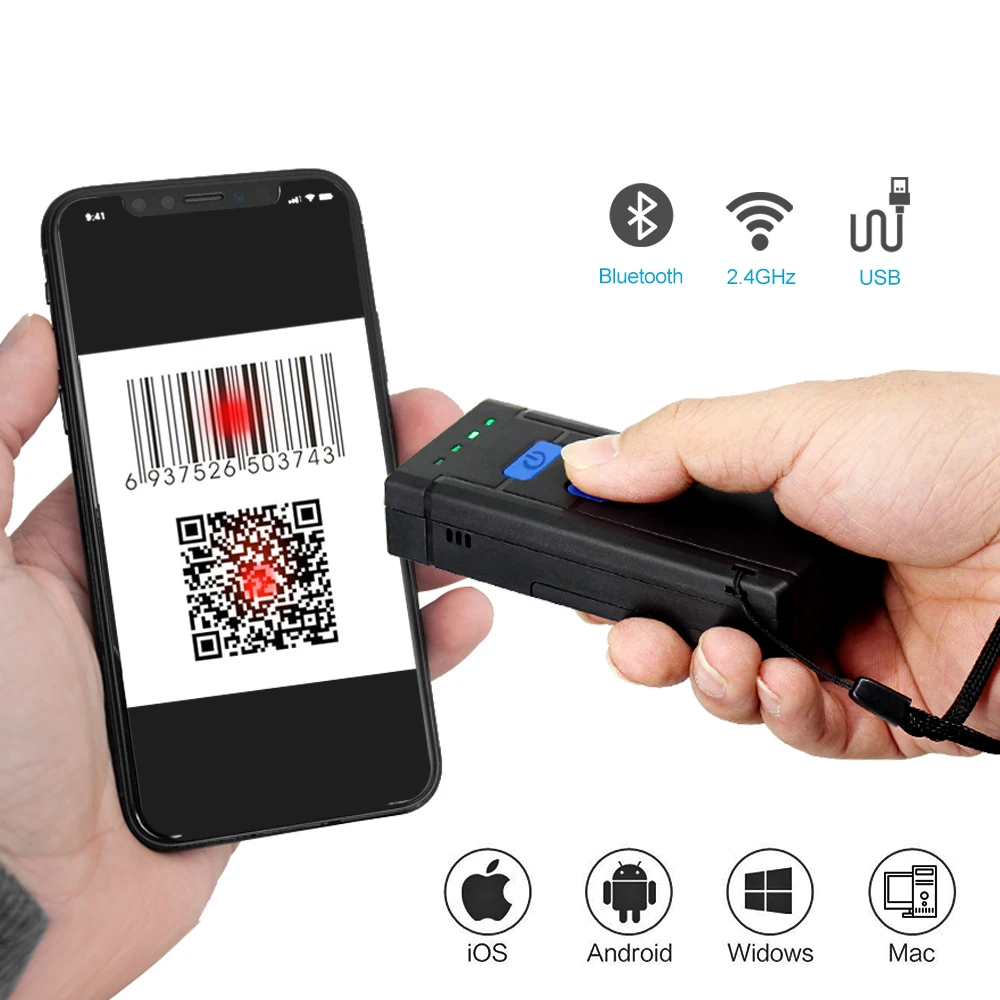 1D 2D Портативный мини USB 2 4G беспроводной и Bluetooth 3 в 1 сканер штрих кода считыватель