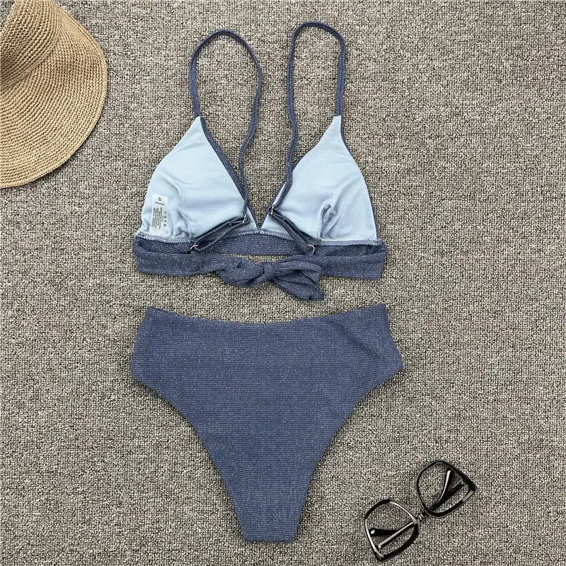 

Swimwear High Waisted Women Thong Two-piece Bikini Set Solid Swimsuit Women Ribbed Shiny Bathing Suit Swimming Suit Biquini Sexy