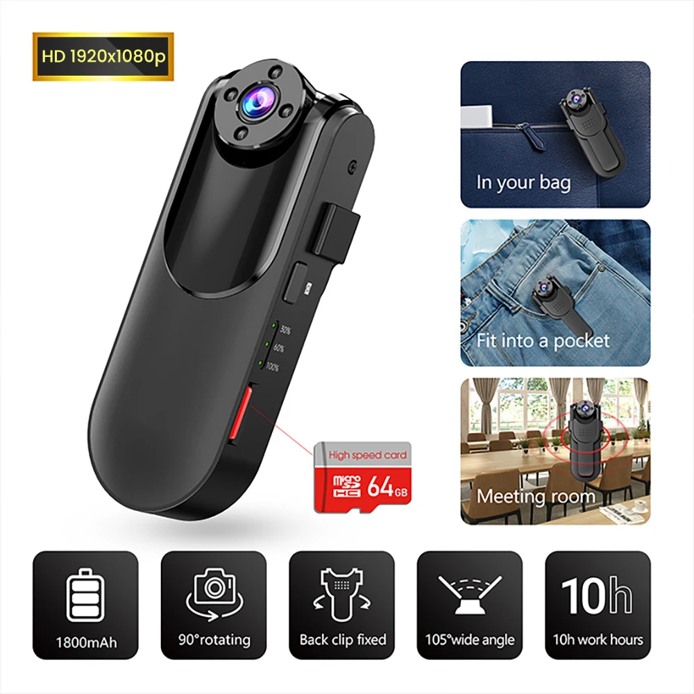 

Mini Camera 1080P HD IR Night Vision Wearable Body Worn Camera Pocket Video Recorder Micro DV Sport DVR Camcorder