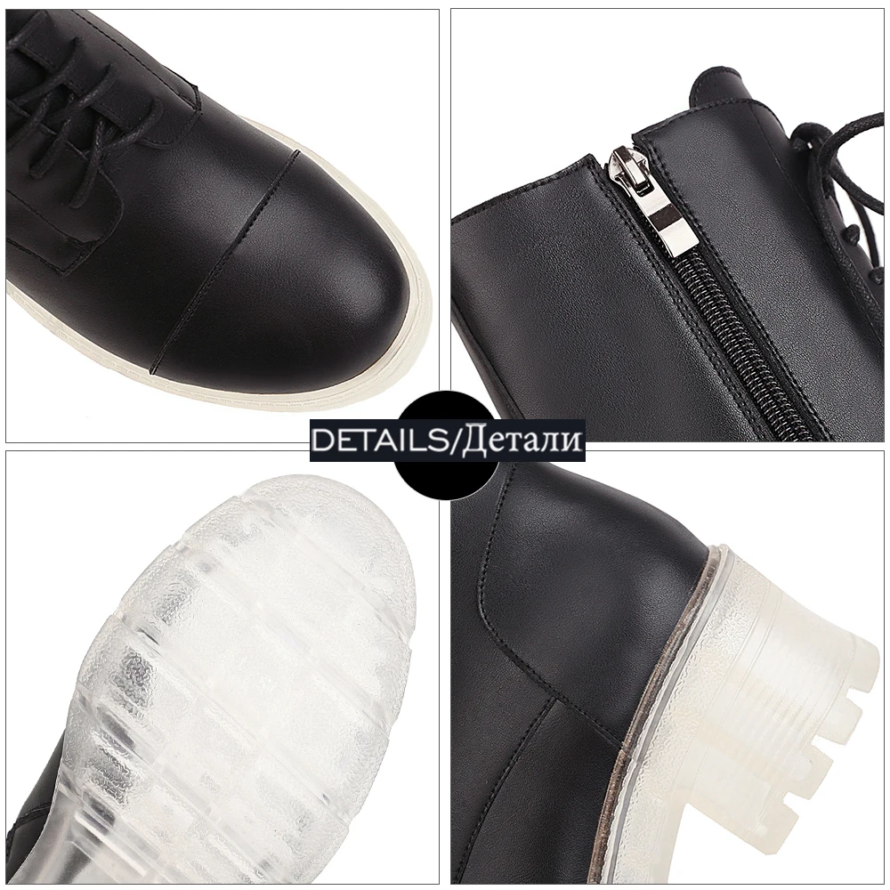 

WETKISS Transparent Heel Ankle Boots Woman Clear Platform Skid Proof Short Booties Women Patent Cross Tied Shoes Ladies Big Size