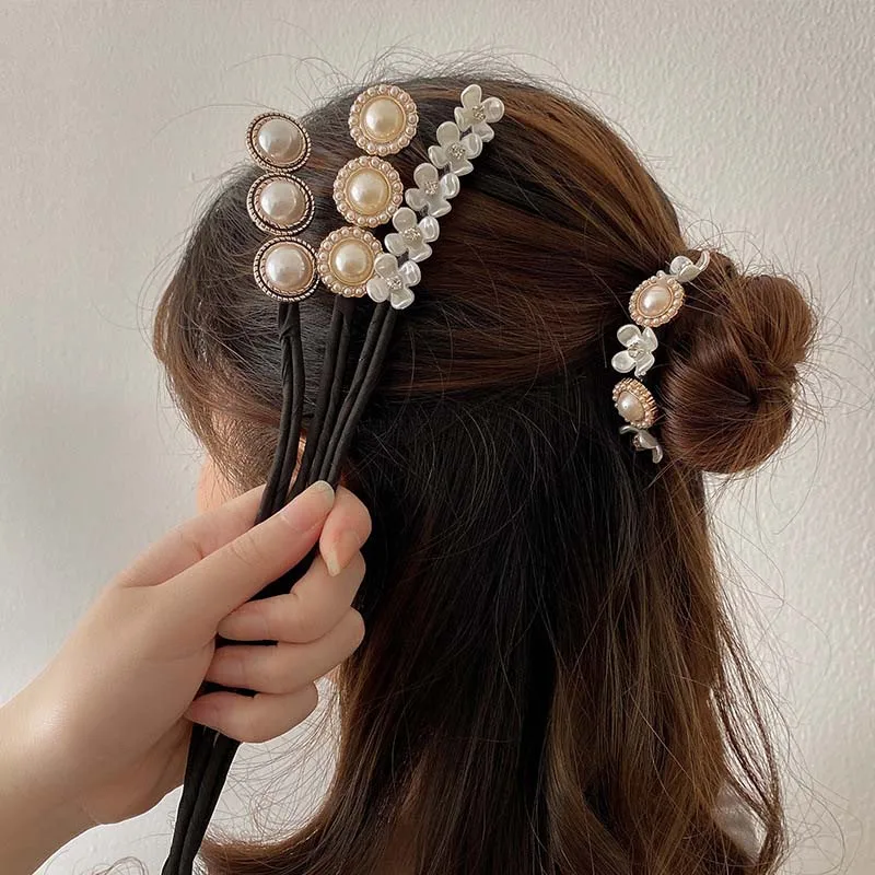 

Woman Elegant Pearls Hair Bun Scrunchies Girl Flower Pontail Holder Hair Band Hairstyle Hair Accessories Braider Twist Headwear