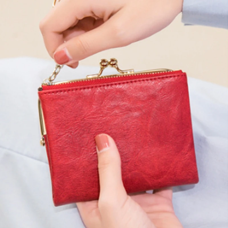

Womens Wallet Small Compact Bifold Leather Vintage Wallet,Ladies Coin Purse with Zipper and Kiss Lock