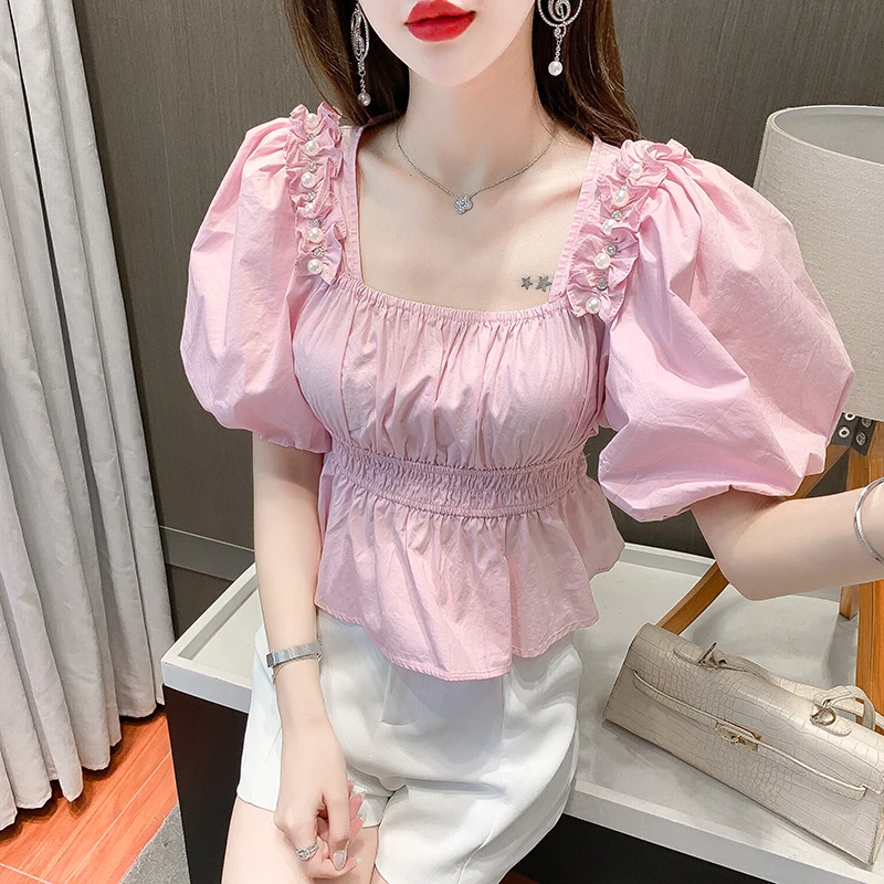 

2021 Summer Brief Shirt Chiffon Square Collar Top Female Puff Sleeve Pullover Camisa Feminina Ladies Tops Clothes For Women