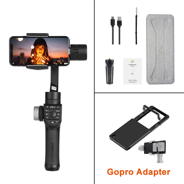 with gopro adapter Freevision Vilta-M Pro 3-осевой карданный стабилизатор смартфона для телефона IPhone huawei Gopro Vlog samsung стабилизатор для мобильного телефона - Цвет: with gopro adapter