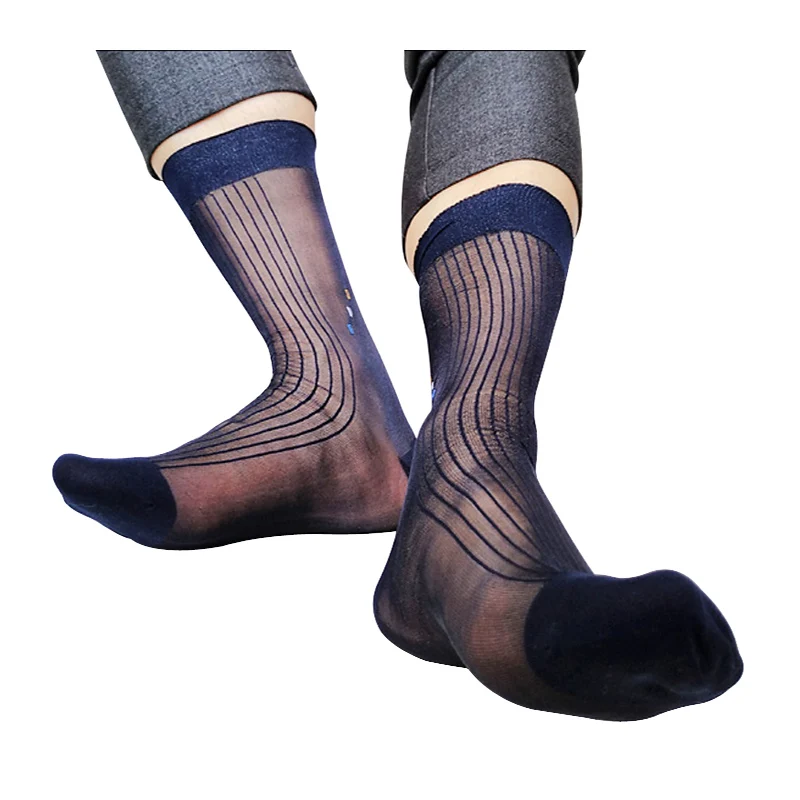 Ultra Thin Sheer Socks For Men Nylon Silk Transparents Sexy Gay Formal Dress Suit Male Socks Business Striped Man Hose Stocking