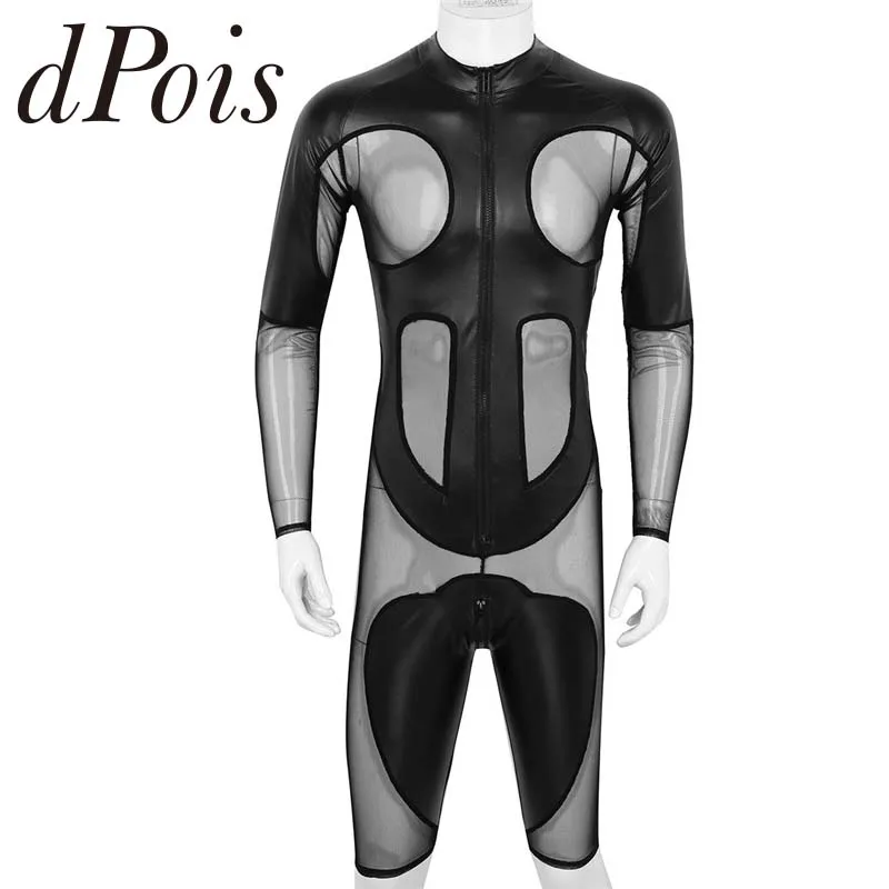 Мужские цельные шорты из искусственной кожи и сетки с длинным рукавом на молнии