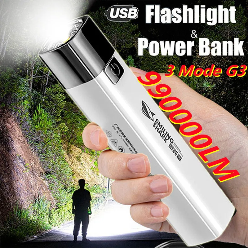 

990000LM Portable Flashlight USB Rechargeable LED Torch Pocket Flashlight Waterproof With Output Power Bank Self Defense Camping