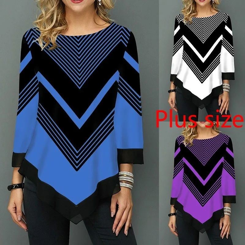 

Spring Women T Shirt Casual O-Neck Lace Patchwork Striped Geometric Irregular Tee Shirts Vintage Floral Print Tops Plus Size 5XL