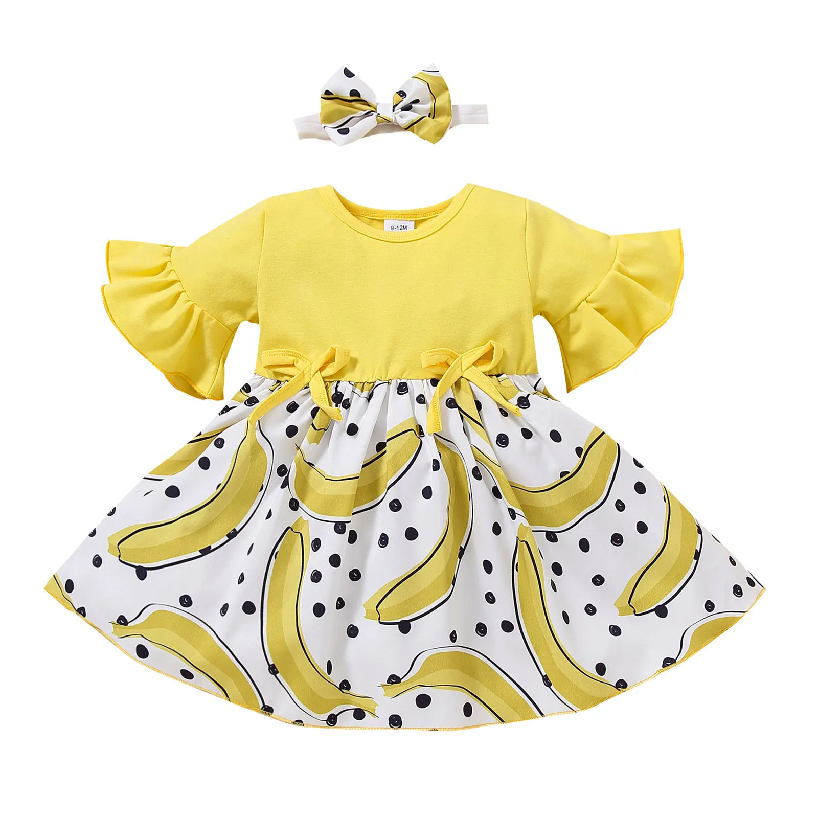 

2 предмета для малышей, летняя одежда, для маленьких девочек с принтом «фрукты» с расклешенными рукавами Платье с круглым воротником + повяз...