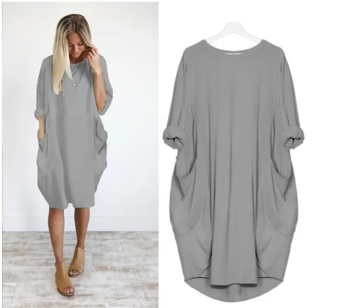 

Women Casual Loose Dress with Pocket Ladies Fashion O Neck Long Tops Female T Shirt Dress Streetwear