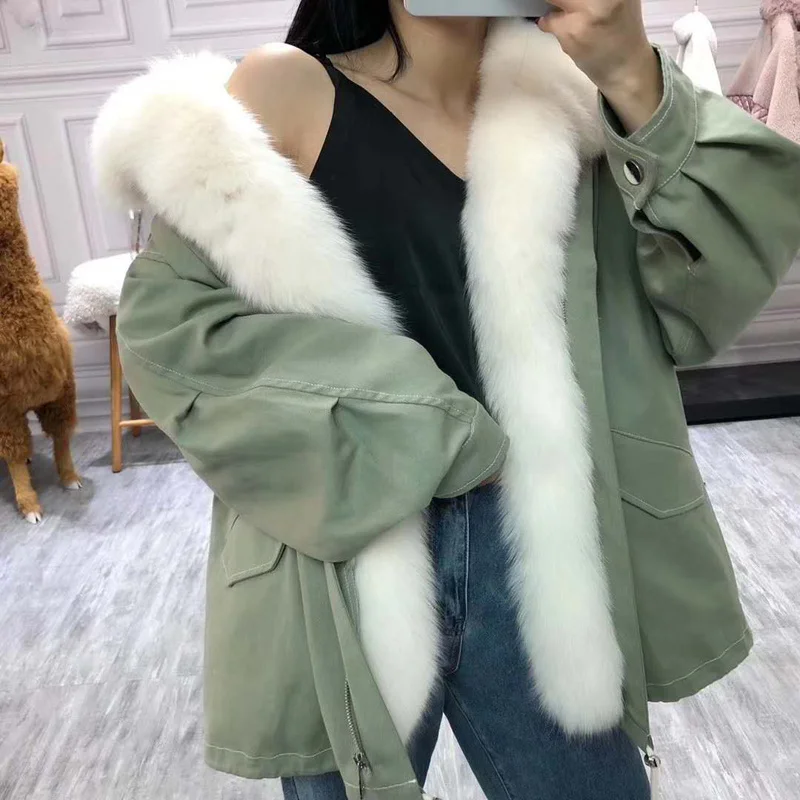 

Thick warm parka real fur coat women winter high quality real fox fur big collar and placket rabbit fur linner female jacket