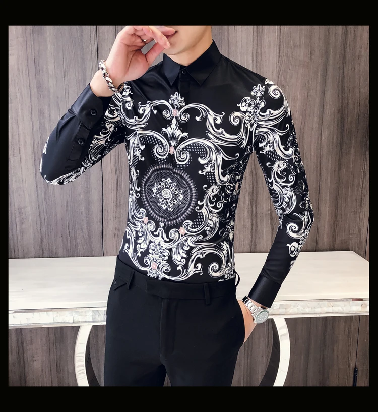 Мужская рубашка с принтом пейсли, Camisa, облегающая мужская деловая рубашка для мужчин, облегающая Корейская одежда, мужская рубашка для выпускного вечера
