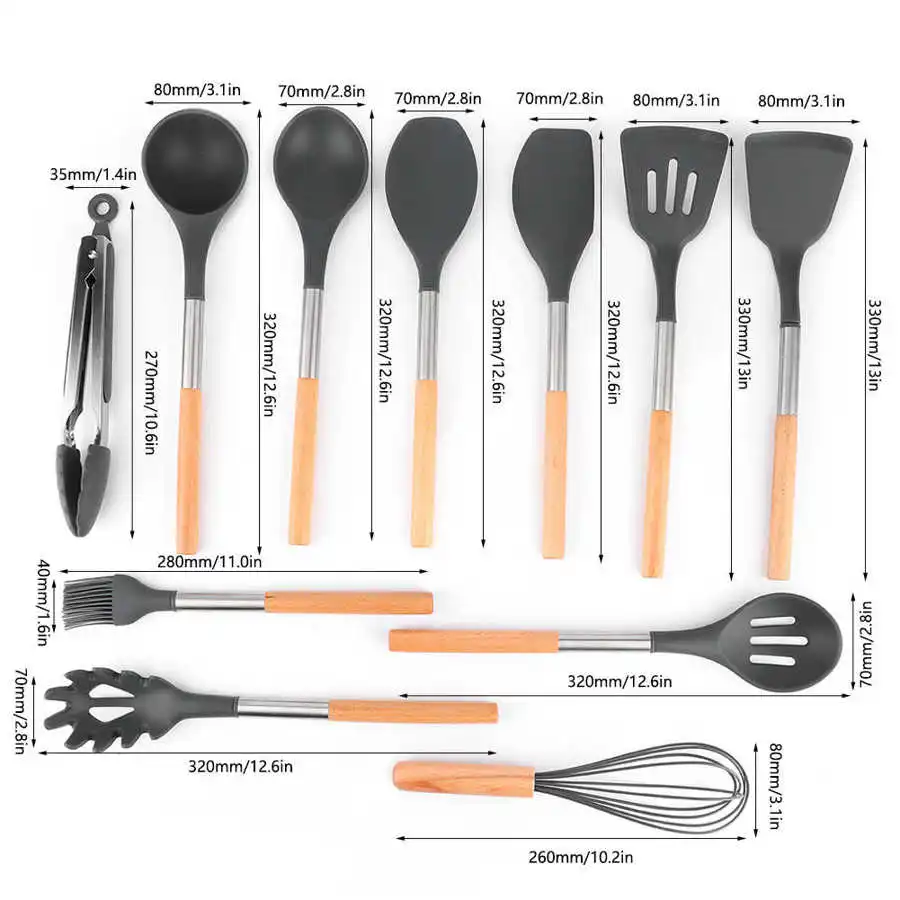 

Silicone with Wood Handle Kitchenware Kitchen Utensil Nonstick 12Pcs Silicone Shovel Restaurtant Cooking for Kitchen Home