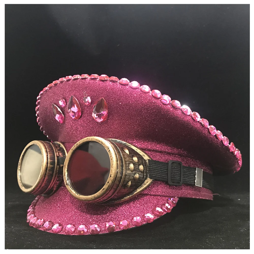 Women Steampunk Pink Police Hat With Gear Glasses Performance Military Guard Adult Fascinator 3 Size |