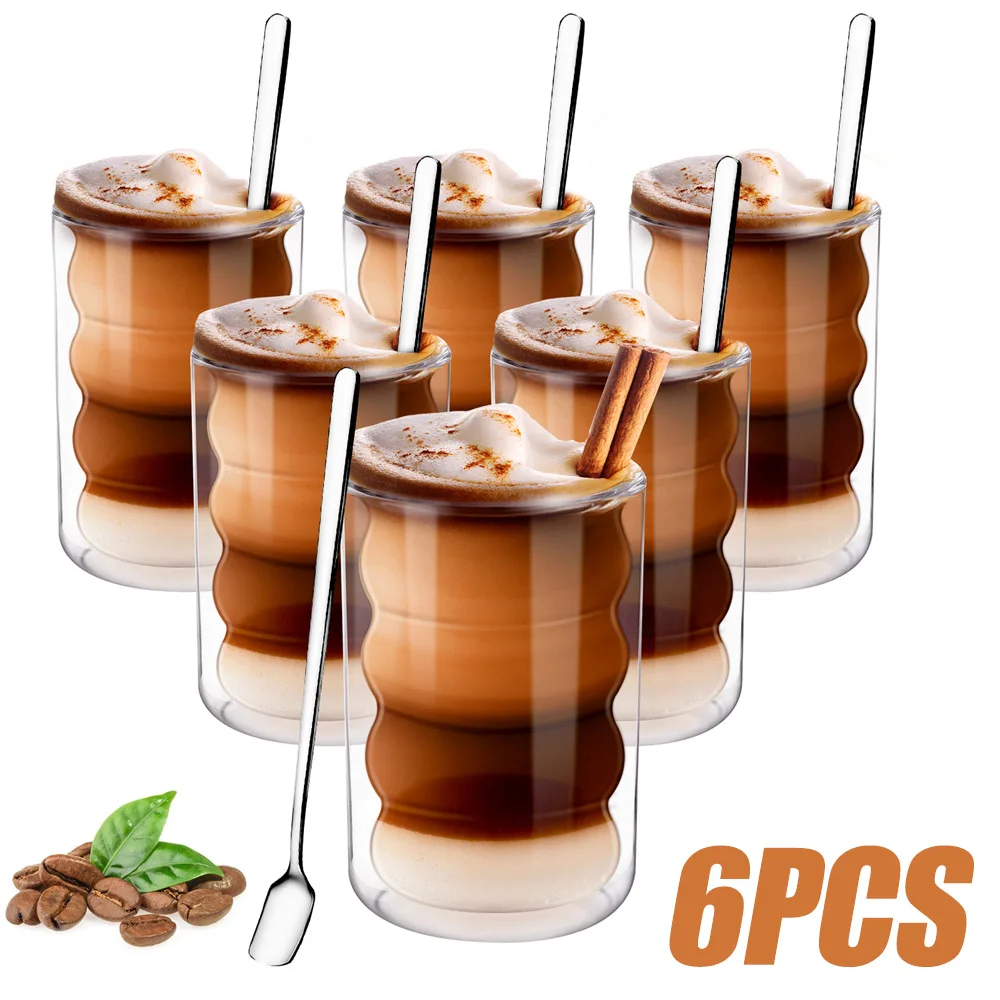 

6Pcs 350ML Handmade Double Wall Glass Cup Transparent Coffee Milk Mug Tequila Beer Wine Cocktail Travel Drinkware With Coasters