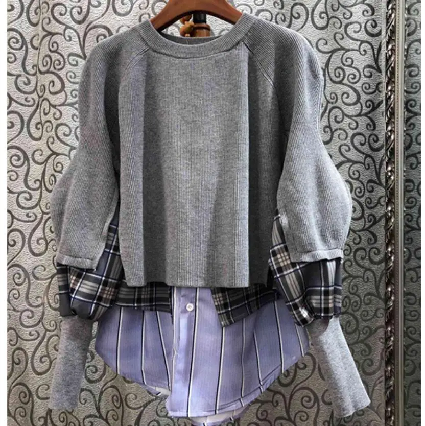 Spring New Fashion Loose Sweater Knitted Shirt Large Size Korean Women Plaid Striped Pullovers Junper Knitwear | Женская одежда