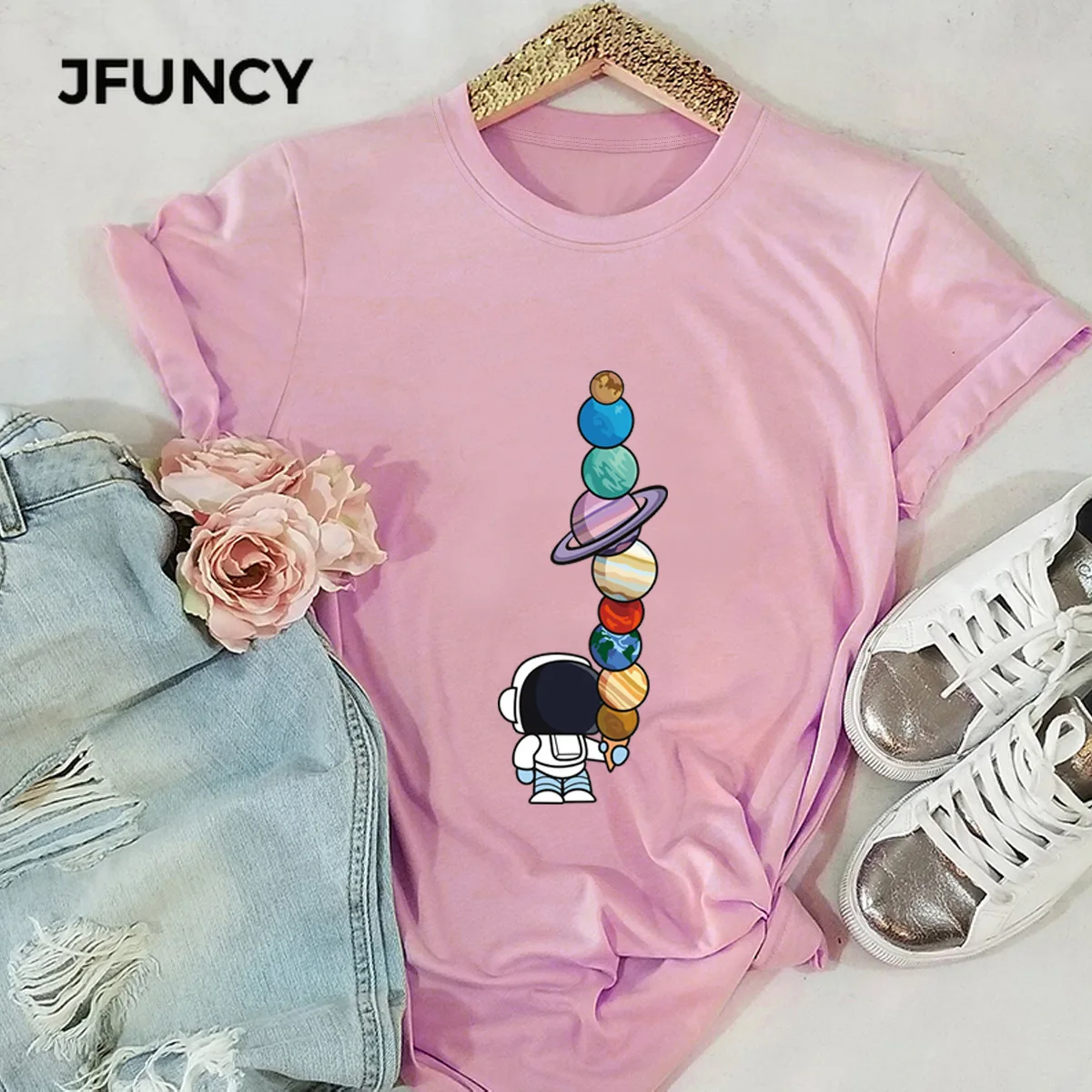 JFUNCY Lovely Planets Astronaut T-shirts Women Summer Cotton Tee Shirts Woman Short Sleeve Tops  S-5XL Casual T Shirt