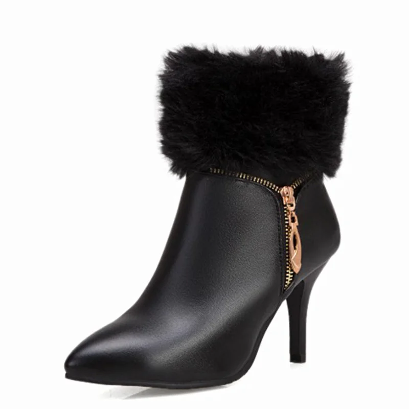 KALENMOS/женские ботинки размера плюс 33-46 вечерние на меху тонком каблуке с острым