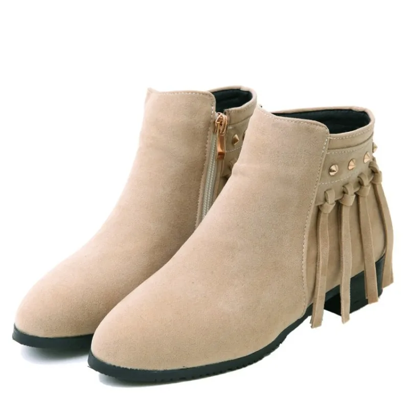 Ботильоны женские замшевые ботинки с бахромой на низком квадратном каблуке