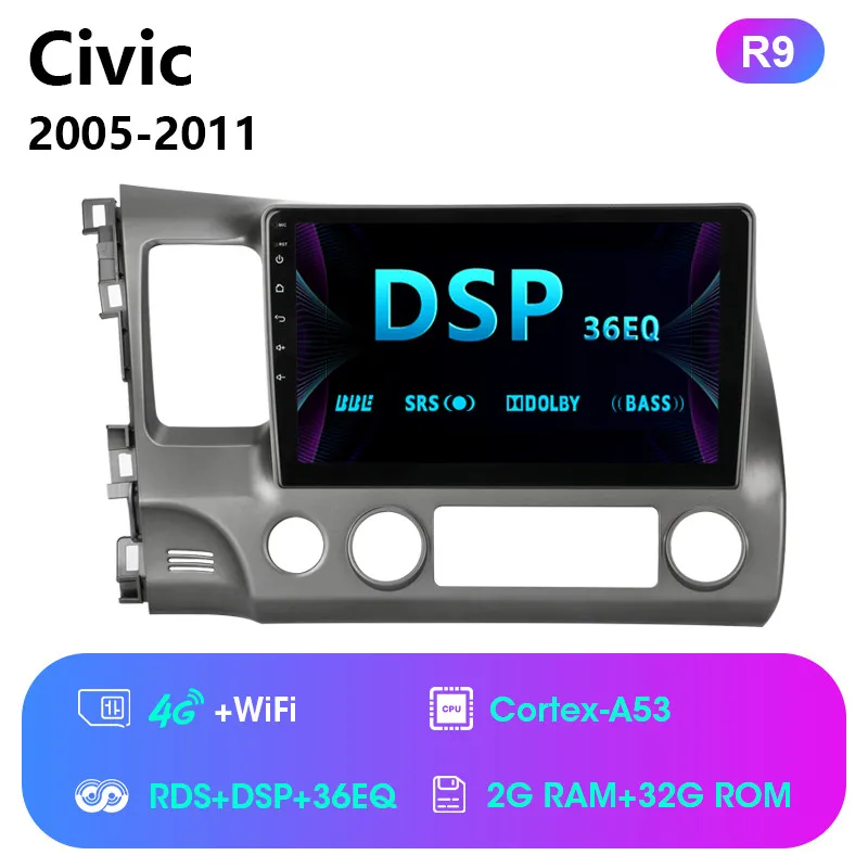 2G 32G Android 8,1 4G wifi Автомобильный Радио Мультимедиа Видео плеер для Honda Civic 2005-2011 Навигация gps 1024*600+ специальная рамка - Цвет: R9