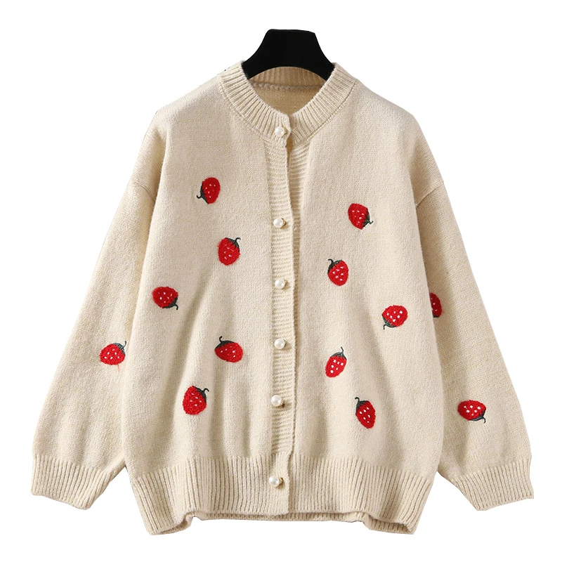 

Демисезонный вязаный кардиган оверсайз, Женская куртка 2021, трикотажная рубашка с клубничной вышивкой и круглым вырезом, свитер, женские топ...
