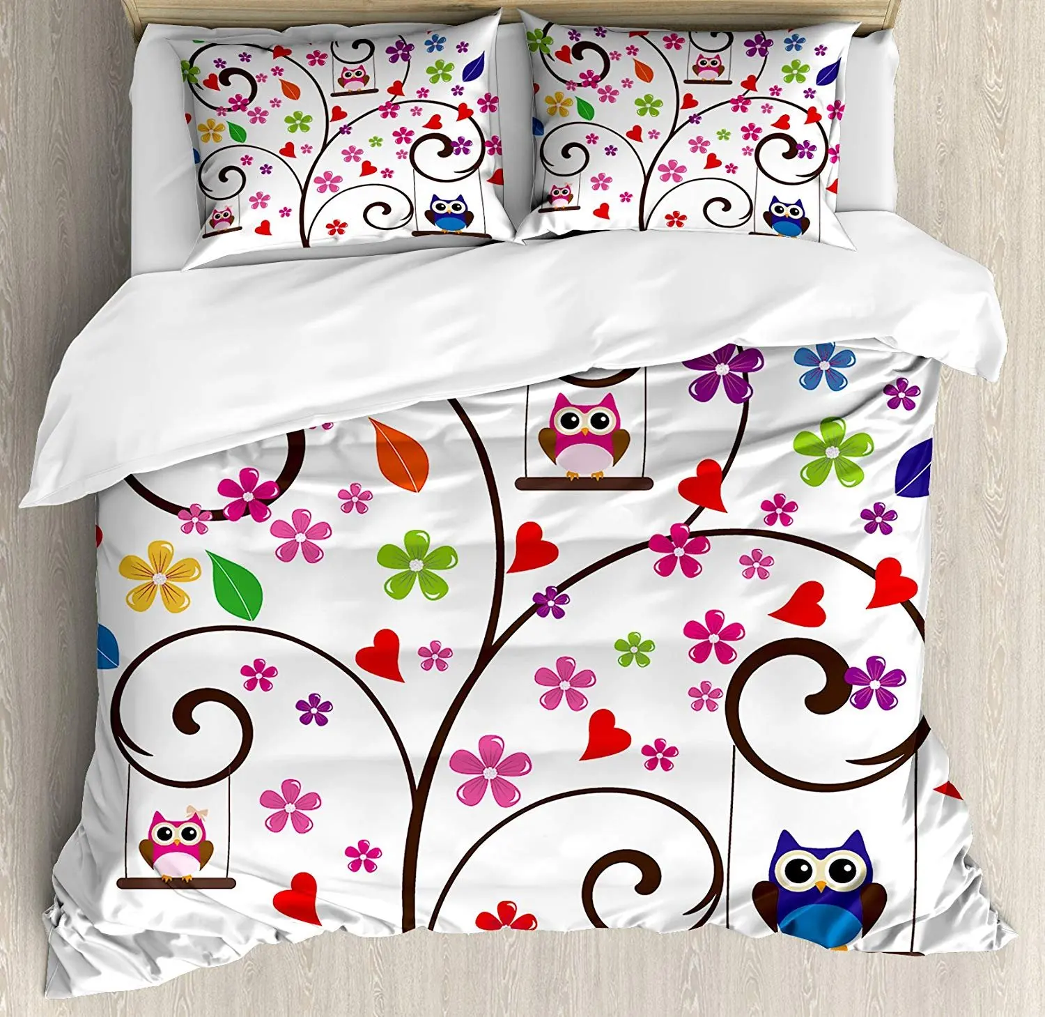 

Nursery Bedding Set Spring Tree with Curly Branches Colorful Fresh Blossoms Cute Owls Swinging Duvet Cover Pillowcase for Home