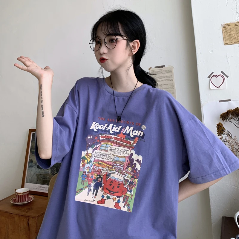 Американская Ретро футболка с коротким рукавом для женщин 2021 свободная