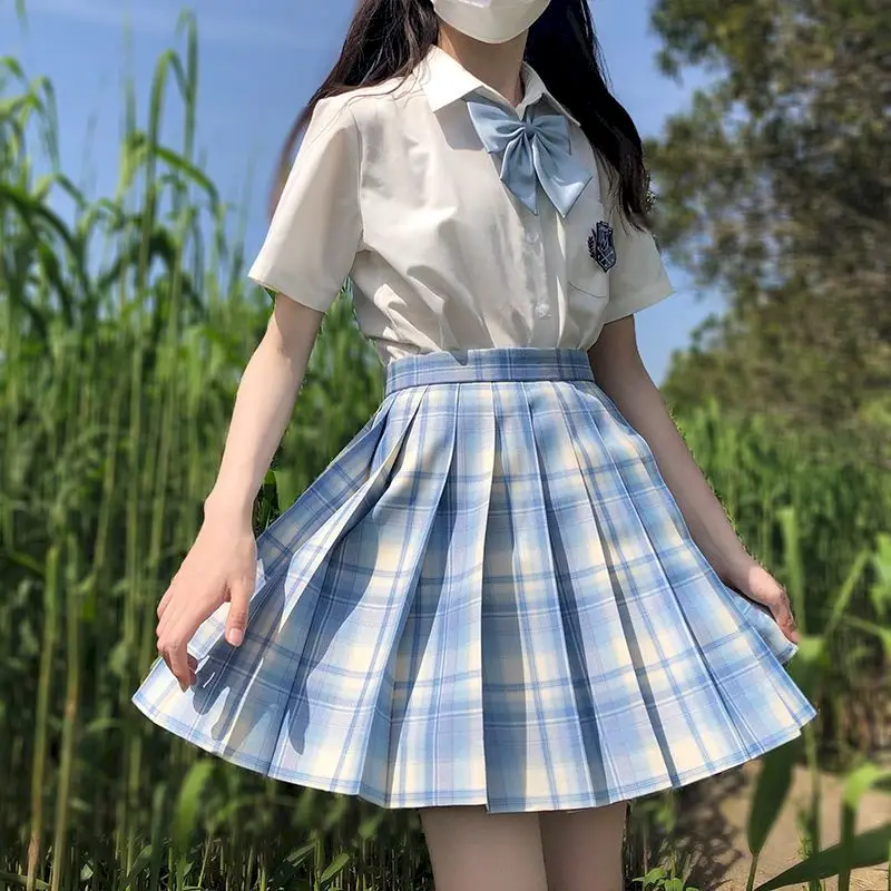 

jk plaid pleated blue high waist sweet skirt Korean style skirts for women faldas vintage a-line mini summer 2020 new fashion