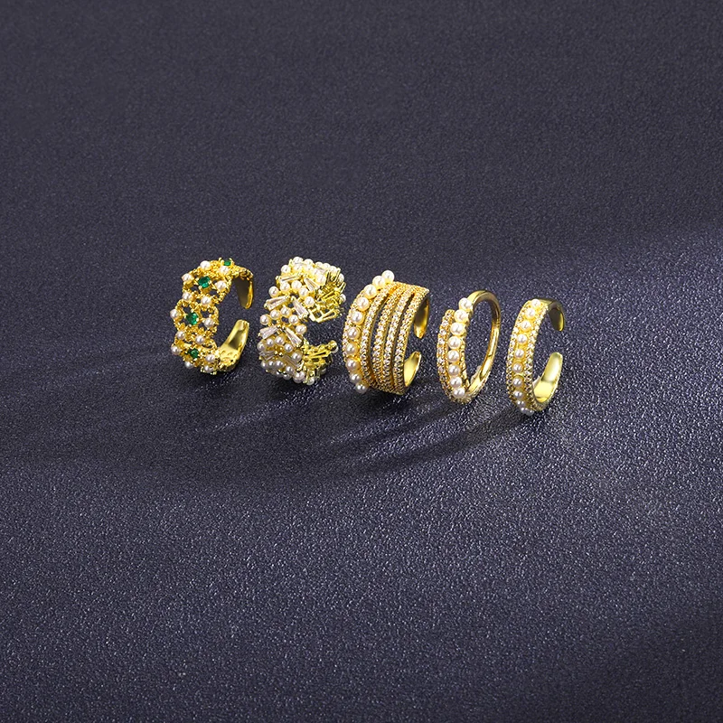 

Gold Plated Beaded Pearl Rings For Women Open Adjustable Zircon Wedding Band Rings Stainless Steel Stackable Finger Jewelry Gift