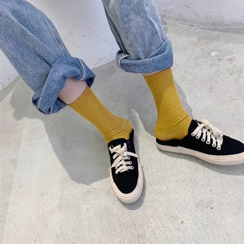 Весенние хлопковые носки с блестками для женщин однотонные простые модные