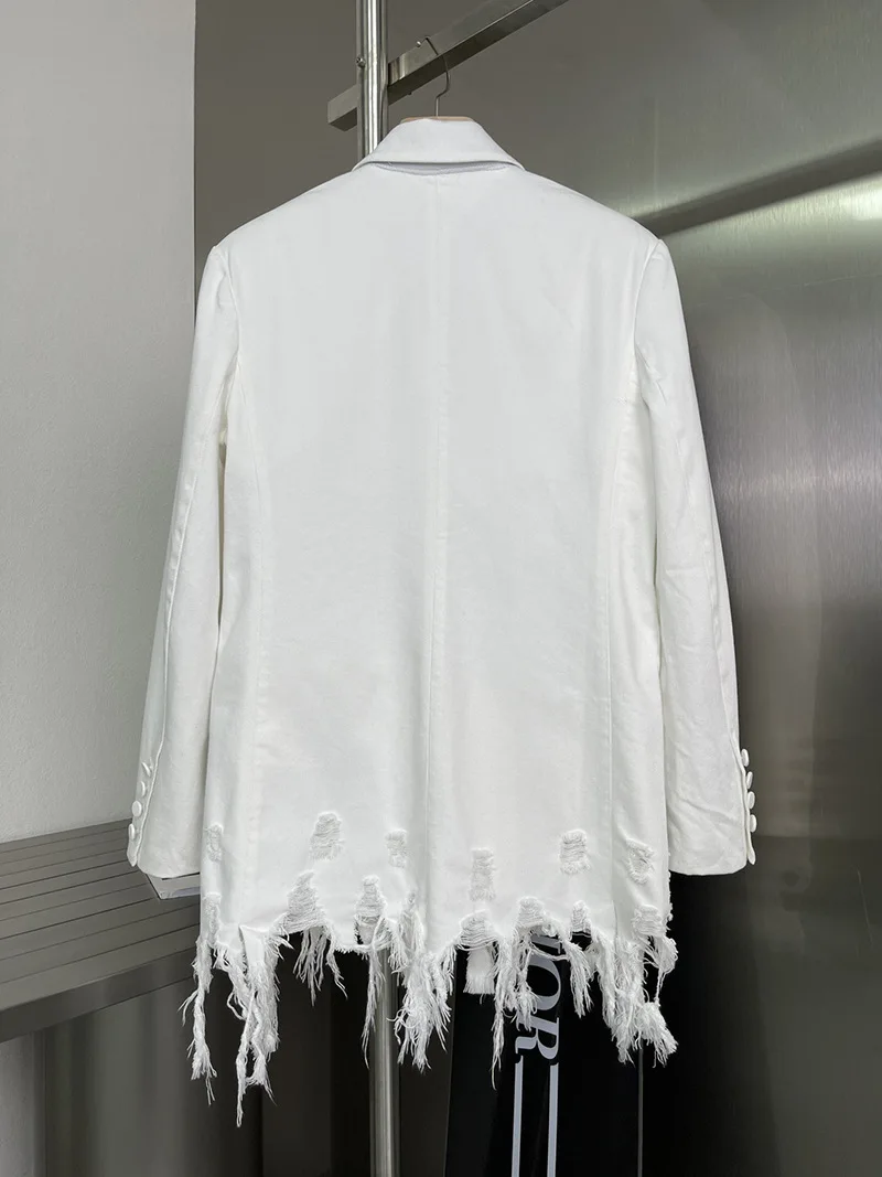 

110195 Spring Autumn New Simple Fashion Versatile Tassel Design with Holes In Hem Classic Double Breasted Denim Suit Coat A2