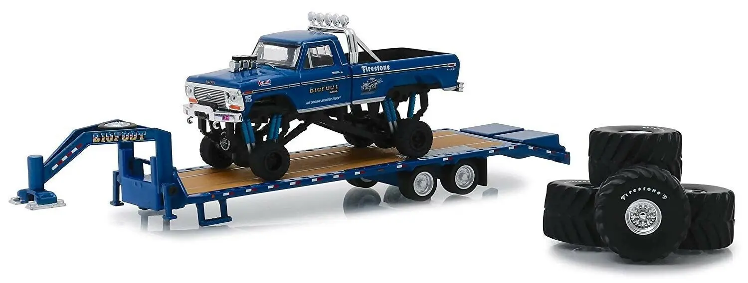 

GREENLIGHT cars BIGFOOT #1 the original Monster Truck 1974 ford f-250 with gooseneck trailer and tries Limited vehicle model