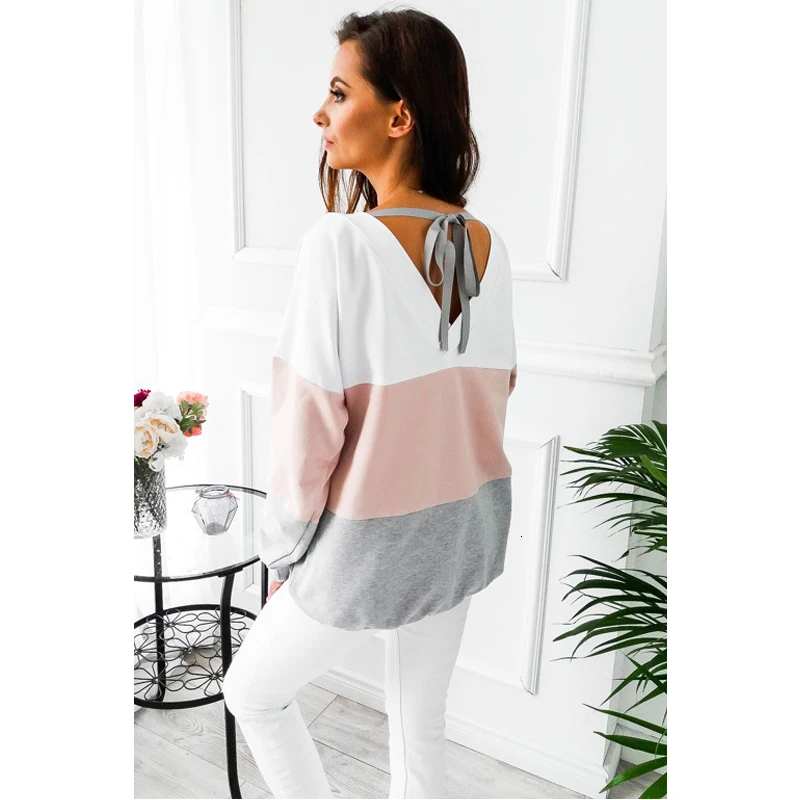 

Bandage Backless Knit Sweatshirt For Woman Long Sleeve Patchwork Color Casual Women Sweatshirts Autumn Winter Warm Pullover Tops