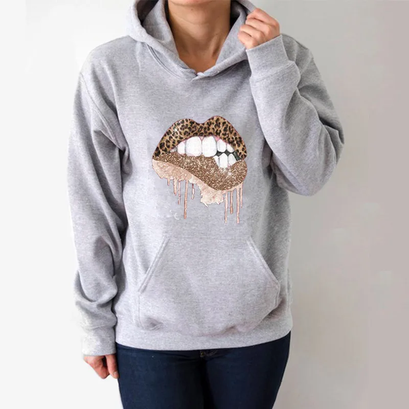 

Leopard Lip Printed Hoodies Women Fleece Long Sleeve Loose Sweatshirt with Hat Girls Women Hoodie Pullovers Winter