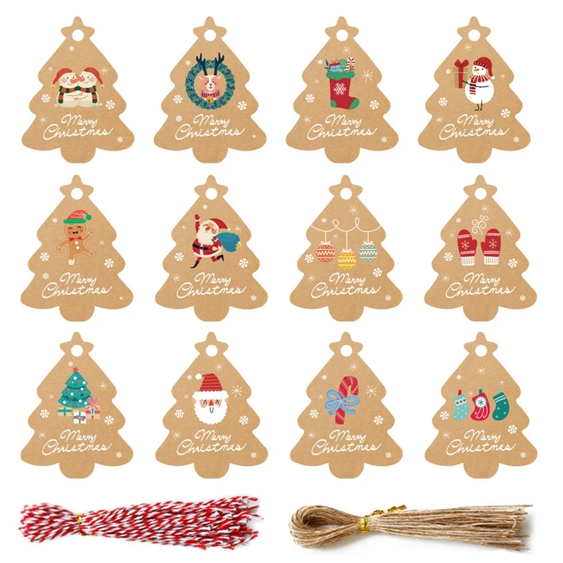 

50Sets Merry Christmas Gift Tags Snowman Xmas Tree Shape DIY Hang Tags With Rope New Year Party Gift Wrapping Labels