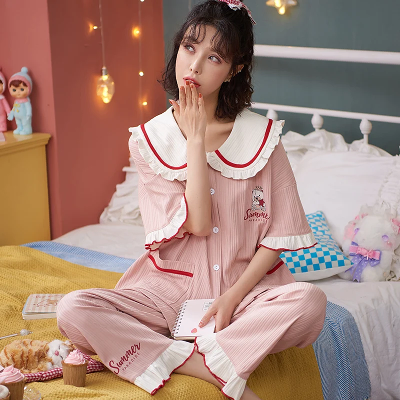 

Womens Cotton Pajamas Set Turn-down Collar Short Sleeves Sleepwear Female Summer Cartoon Little Bears Homewear Cute Pink Pajamas