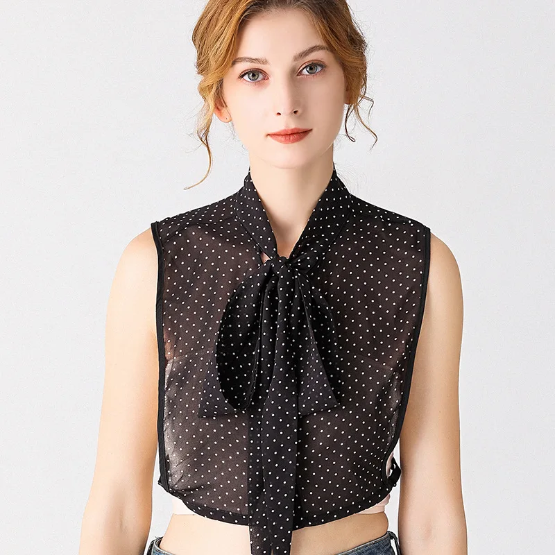 

False Collar Women Dots Bowtie Cols Tank Tops Chiffon Detachable Collars Tie shirt Plus Size XL False Collar Lapel Bluz