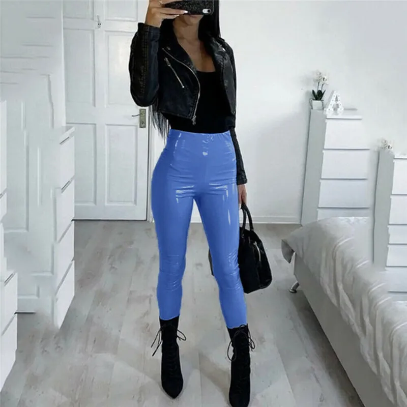 

NEW Women's Wet Look Stretchy Pants Faux Leather Skinny Leggings Pencil Trousers