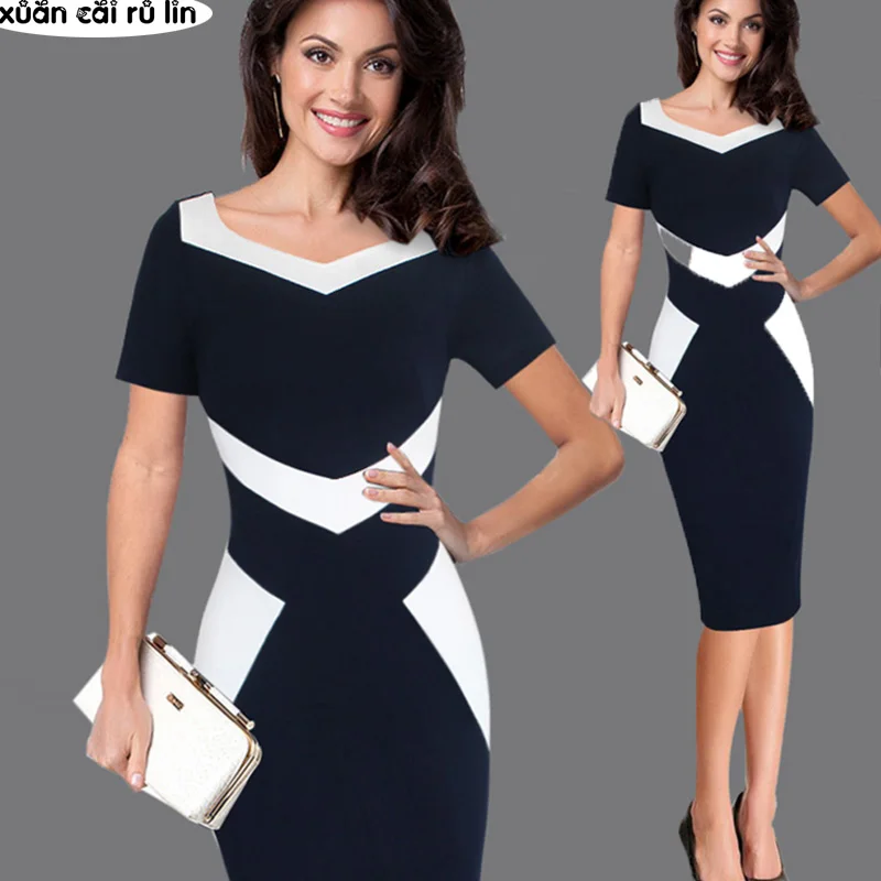 Женские офисные платья карандаш черные и белые средней длины с разрезом больших