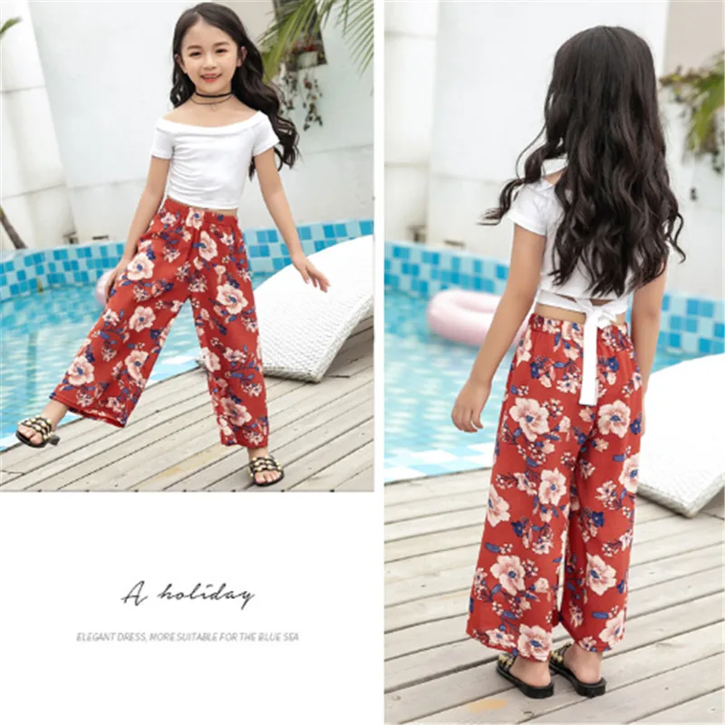 

COSPOT 2021 New Mother Daughter Bohemian Wide Leg Pants Family Matching Pants Mom Daughter Floral Stripes Beach Pants 35