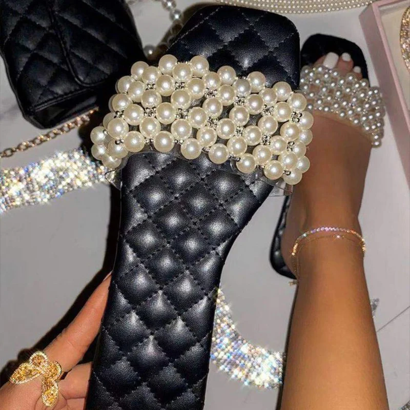 

Fashion Pearl Slippers Women Summer Sandals 2022 New Women's Shoes Square Toe Flat Slippers Casual Slides Ladies Flip Flops 43