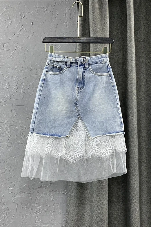 

Elegant Lace Stitching Denim Skirt Summer 2021 New Korean Style High Waist A Line Skirt Female Denim Skirt Fashion