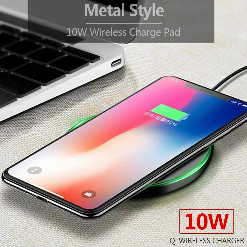 10W Wireless Charger Ultra-thin Metal Pad Qi Fast Charging LED Breathing Light for iPhone 11 Samsung Xiaomi | Мобильные телефоны и