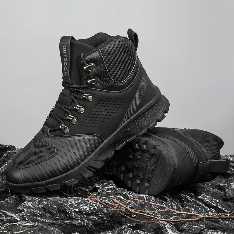 Winter Men Black Hiking Boots Hight Sneakers Fashion Footwear Hiking Shoes Trendy Outdoor Shoes Male Mountain Shoes Climbing