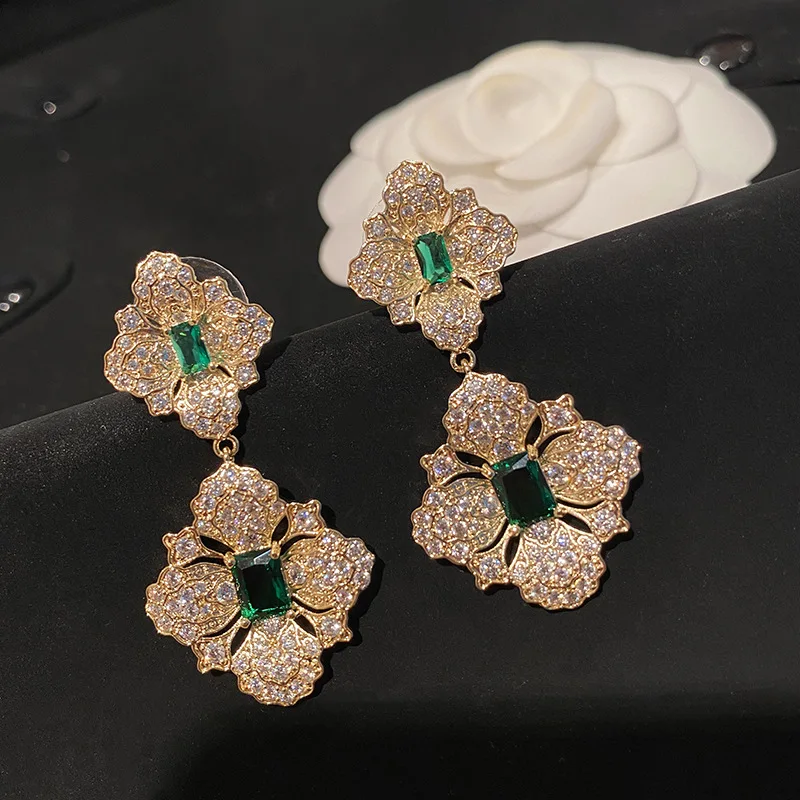 Серьги 2021 Модные женские серьги в стиле барокко золотые цветы зеленые кристаллы