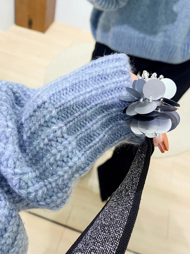 

2020 Rushed Solid Full Poncho 40% Wool Sweater New Bat Sleeves Bright Drawstring Sequins Beaded Hooded Knit Pullover Women